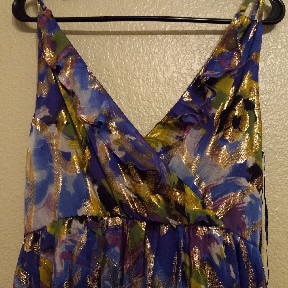 Oleg Cassini Purple Blue Gold Silk Metallic Maxi Gown Dress - Picture 2 of 4